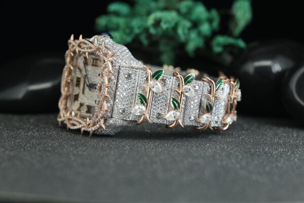 Leafe Style Roman Dial Dual Tone Moissanite Unique Style Wrist Watch - Image 3