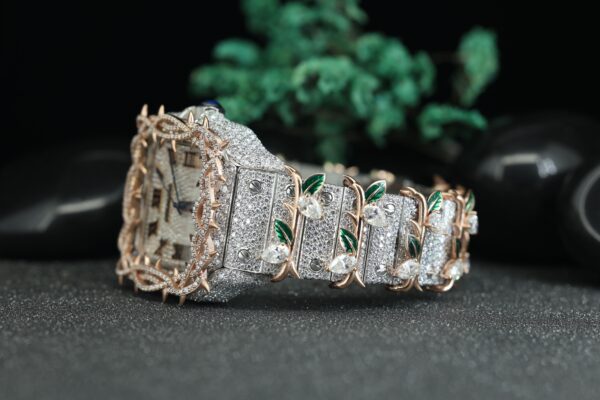 Leafe Style Roman Dial Dual Tone Moissanite Unique Style Wrist Watch - Image 2