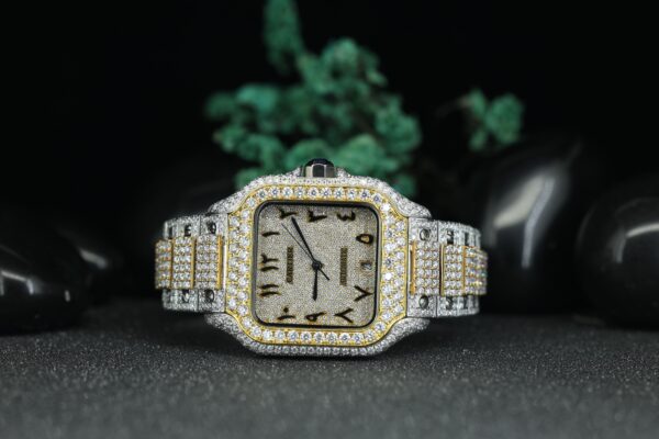 Moissanite Diamond Watch, Arabic Dial Watch For Men’s Two Tone White Gold And Yellow Gold Plated Watch - Image 3